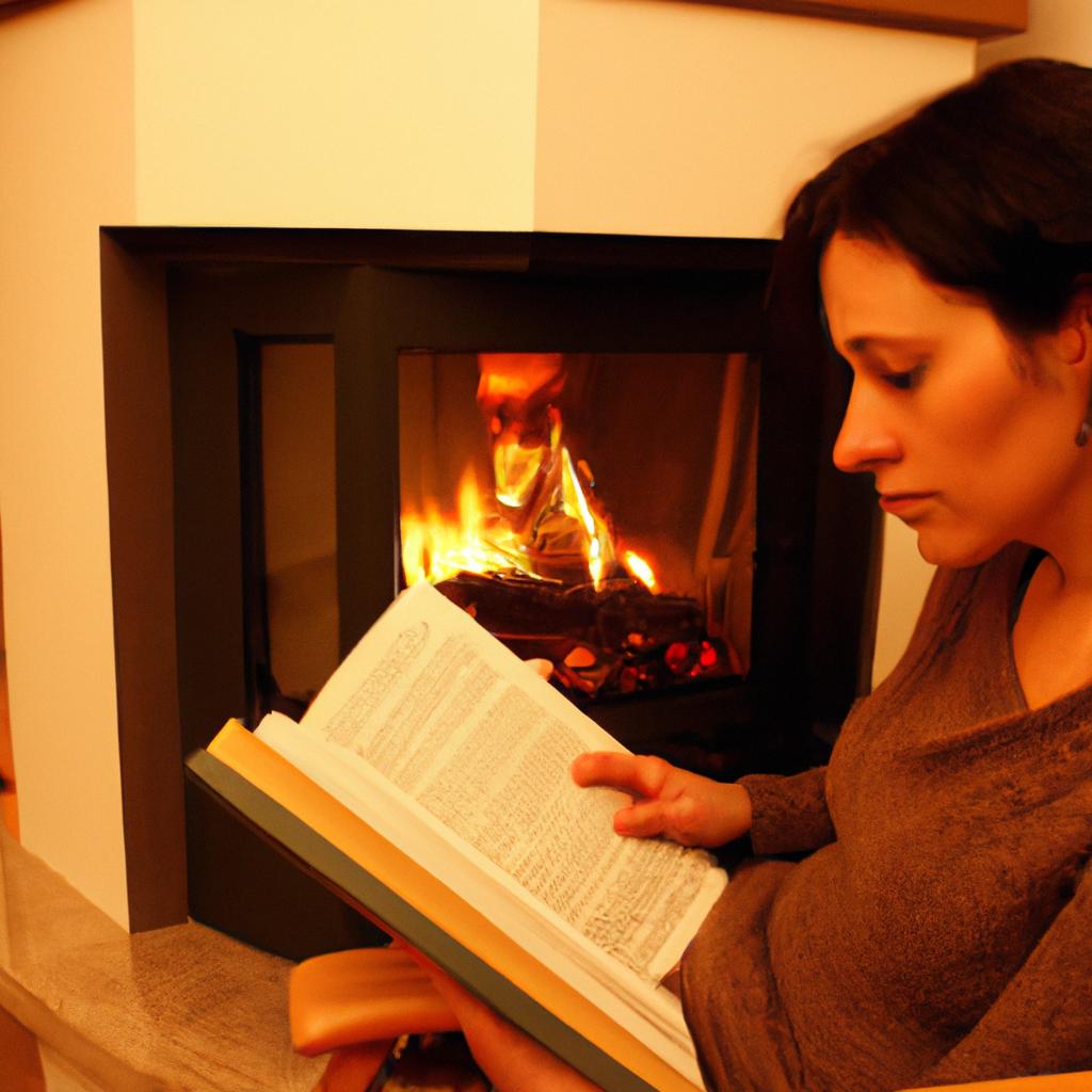 Woman reading book by fireplace