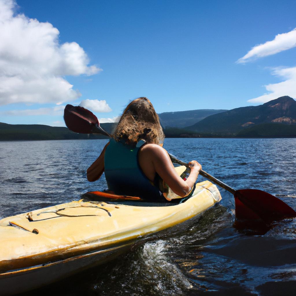 Woman kayaking on serene lake