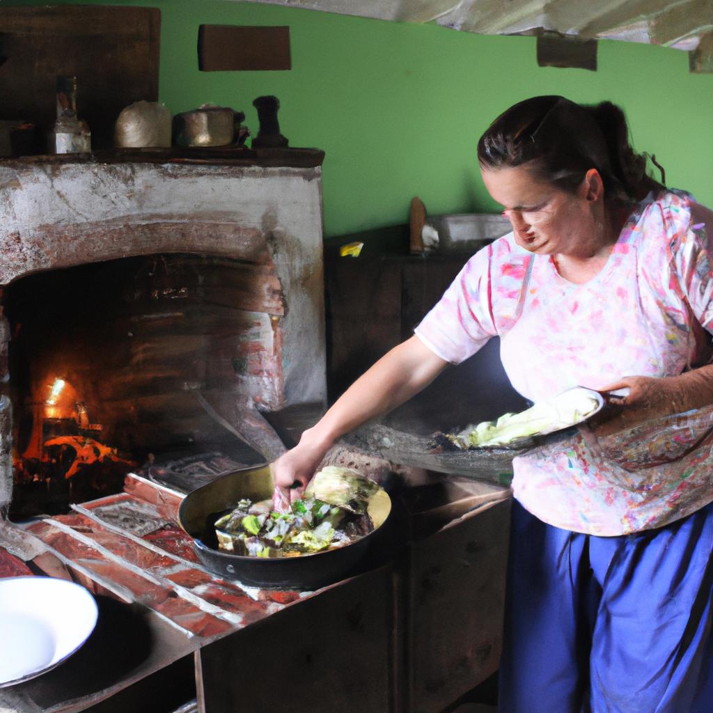 Woman cooking in rustic farmhouse