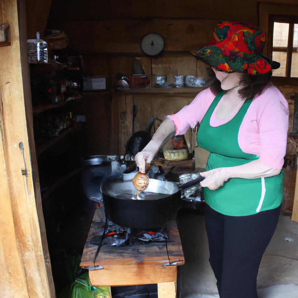 Woman cooking in a cottage